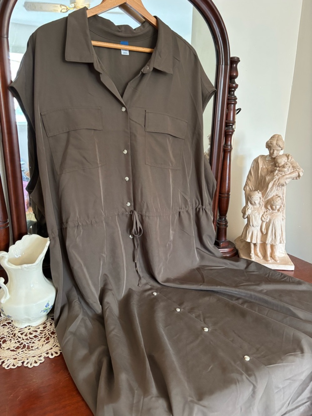 Old Navy Sleeveless Button-Front Drawstring Waist Olive Green Dress Size 3X